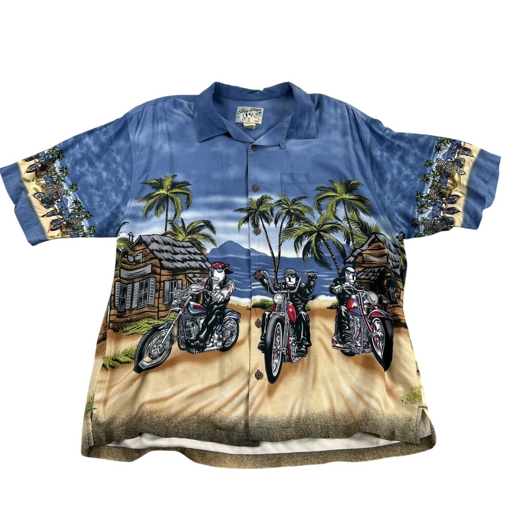 Big Dogs L Hawaiian Shirt Motorcycle Beach Biker Print Blue 100% Rayon Button Up